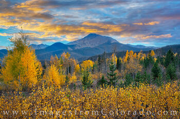 Gold leaves of Aspen trees add a nice foreground to this evening photograph of Byers Peak in the Fraser Valley.