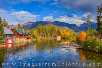 Late afternoon brings a peace along a waterfront in Grand Lake, Colorado, as fall colors bring a splash of vibrance to the area.