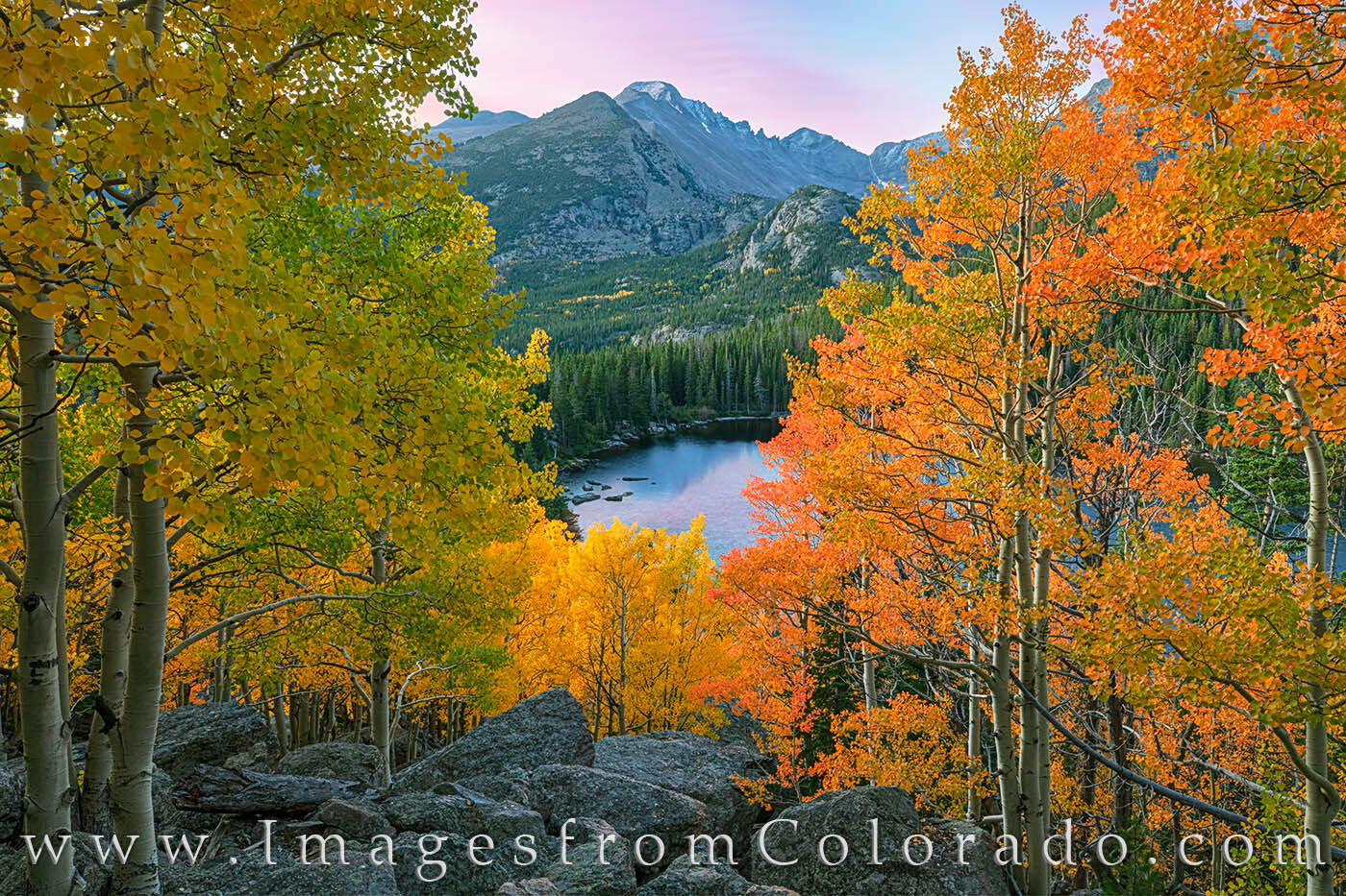 The vibrant colors of fall in Rocky Mountain National Park highlight a beautiful scene of Bear Lake and Longs Peak in the distance...