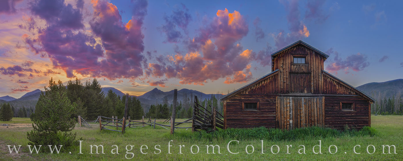 From Rocky Mountain National Park, this panorama shows the Betty Dick Barn, also known as the Little Buckaroo Barn, on a beautiful...