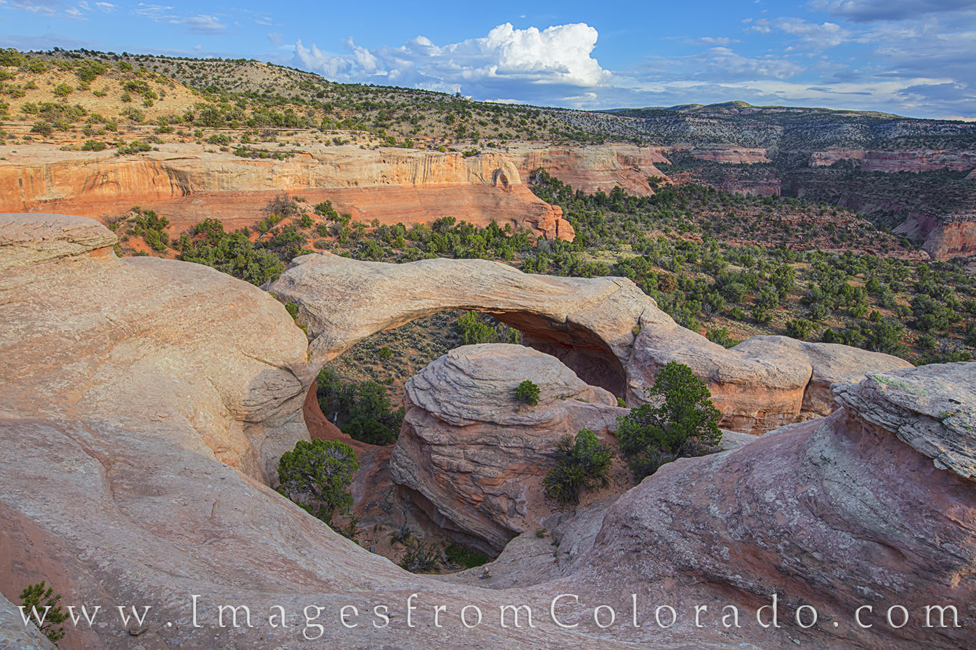 From high above Cedar Arch in Rattlesnake Canyon, this view looks down to the arch, then further down into the tiered canyon...