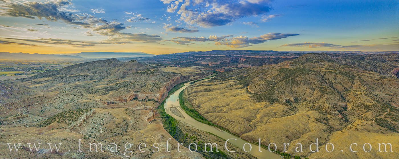 This panorama of the Colorado River was taken with a drone on a beautiful summer morning. The Kokopelli Train can be seen below...