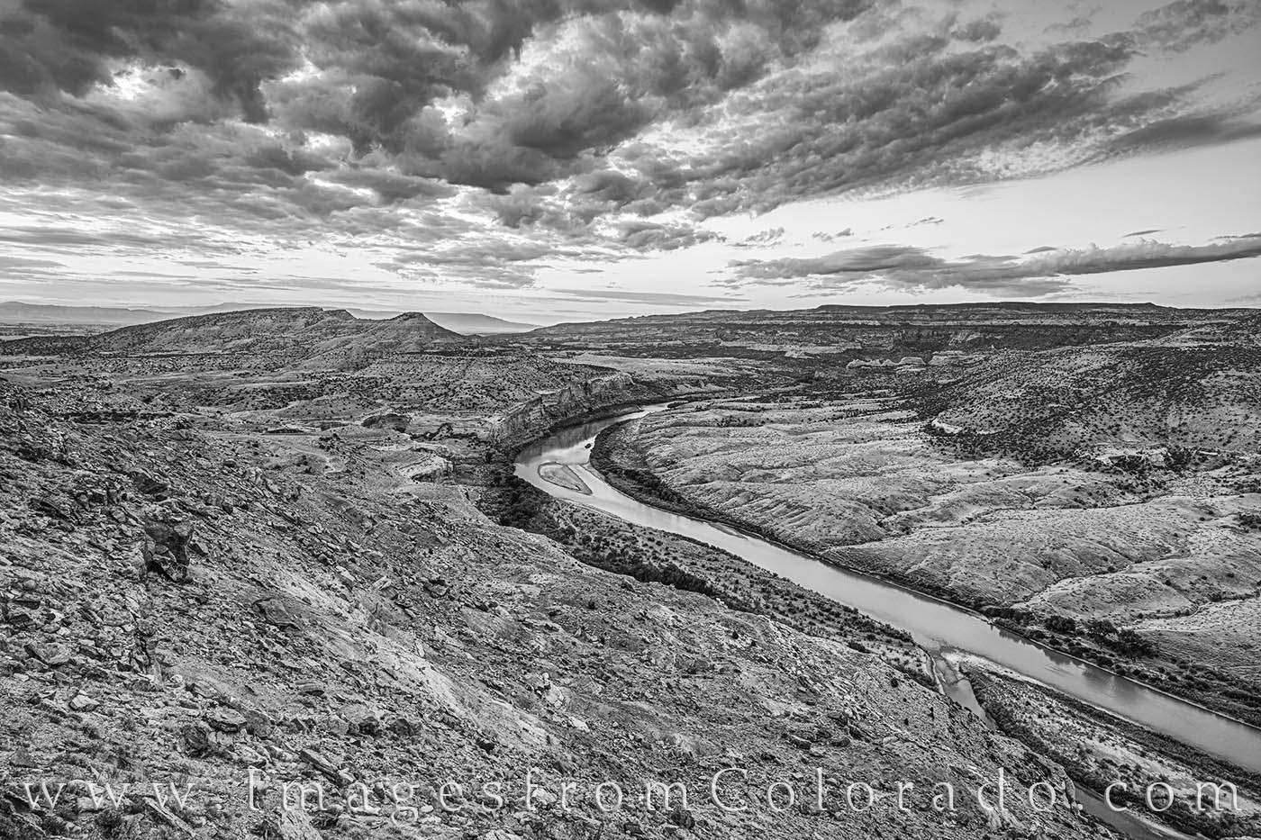 Mack Point offers an amazing view over the Colorado River. This black and white image looks east at sunrise and features the...