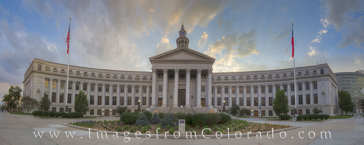 This panorama shows the Denver City and County Building, also known as the Civic Center. This area is considered the center of...