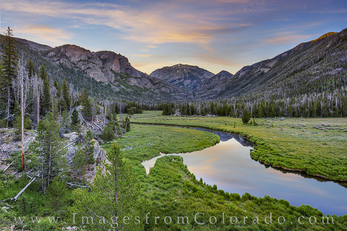 A quiet morning finds the East Inlet flowing through the valley on its way to Grand Lake. This beautiful scene in Rocky Mountain...