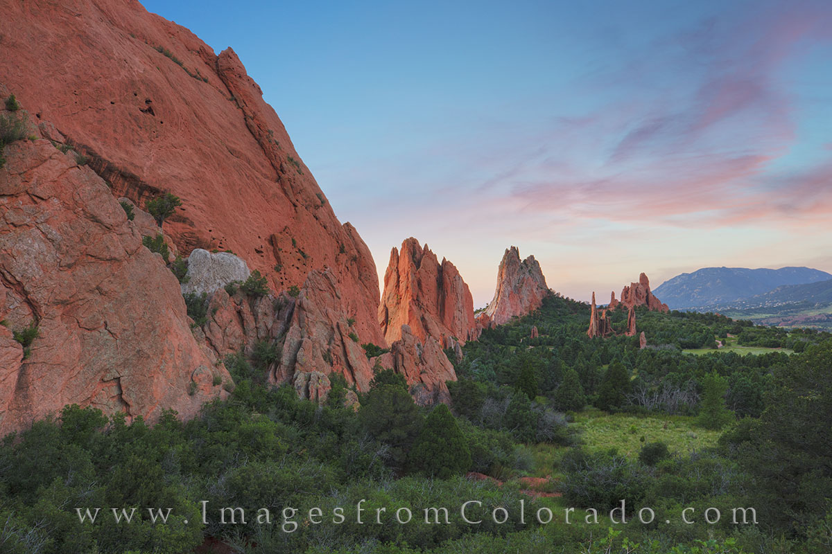 From the Garden Trail in Garden of the Gods (Colorado Springs), this image shows the Three Graces and Cathedral Spires on a perfect...