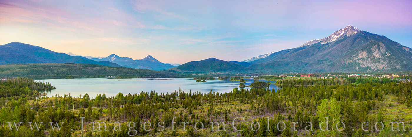 Ten Mile Peak towers above Lake Dillon and the Colorado town of Frisco in this sunrise panorama. High clouds painted the sky...
