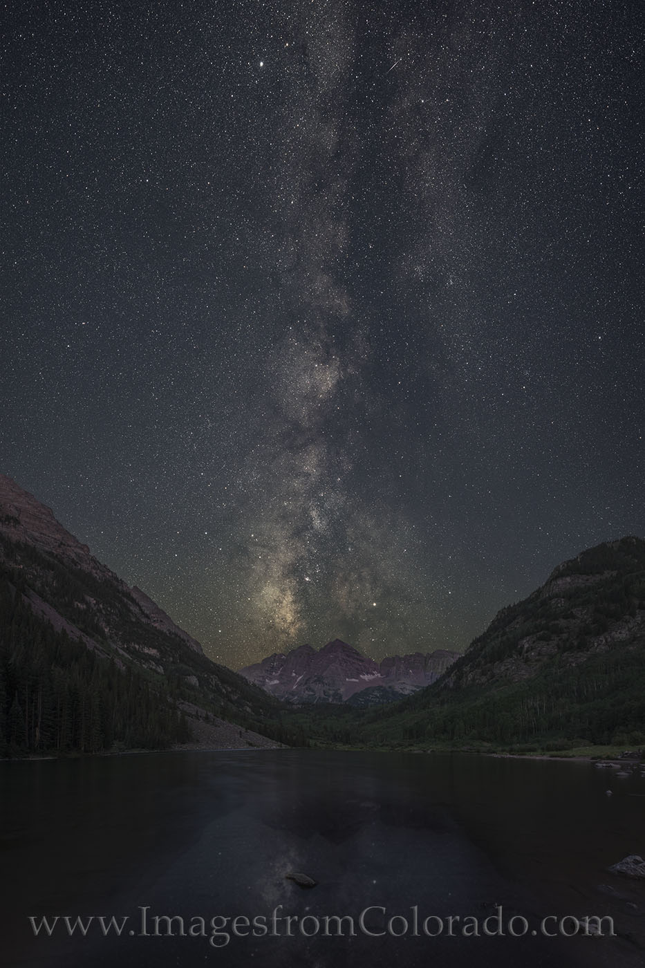 On a beautiful very early morning at Maroon Lake, the Milky Way rolls across the sky. In the month of June between 3am-4am, the...