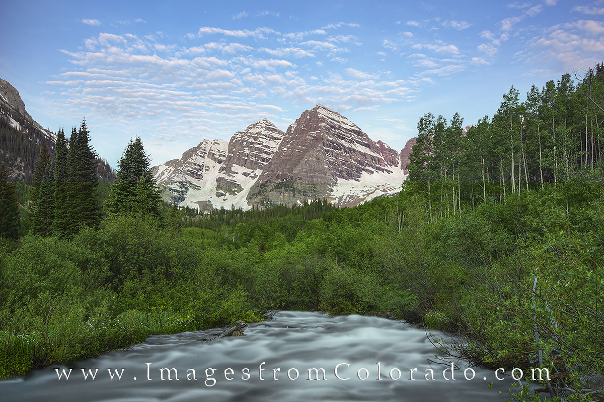 Morning comes to the Maroon Bells Wilderness in the Elk Mountain Range. This beautiful area rests between Aspen and Snowmass...
