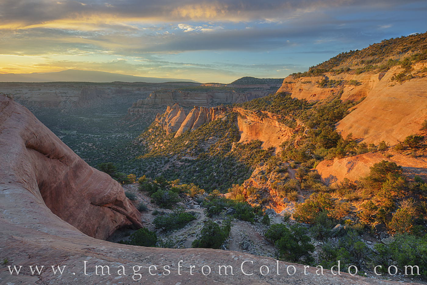 The contrast between shadow and light is evident in this sunrise image from Colorado National Monument. This view looks into...