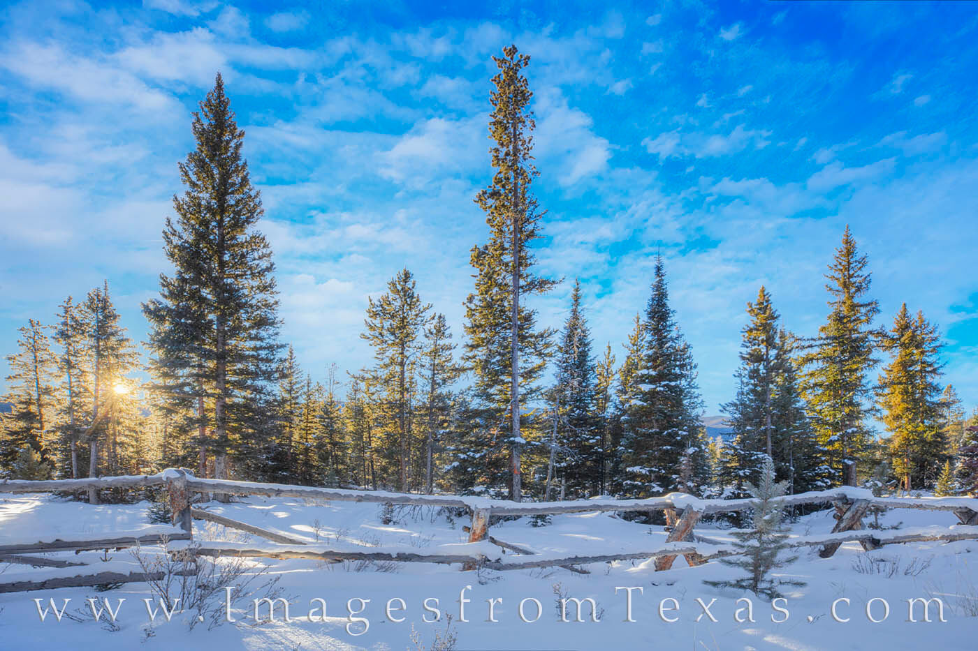 Snow rests on a wooden fence near Fraser, Colorado, on a cold Winter morning. The sky was beautiful and a hike through the forest...